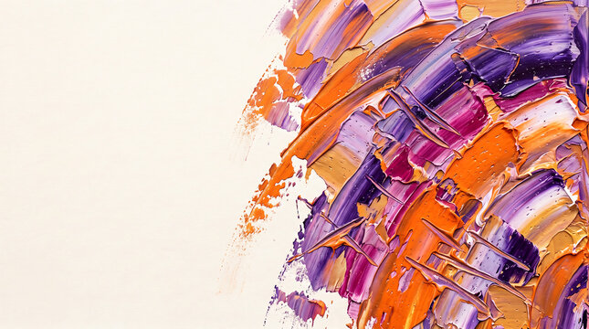 Thick impasto oil paint strokes in shades of purple, magenta, and orange applied with a palette knife on a white canvas background