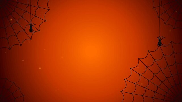 Halloween background animation with creepy hanging spiders and spiderwebs glowing in dark motion video footage