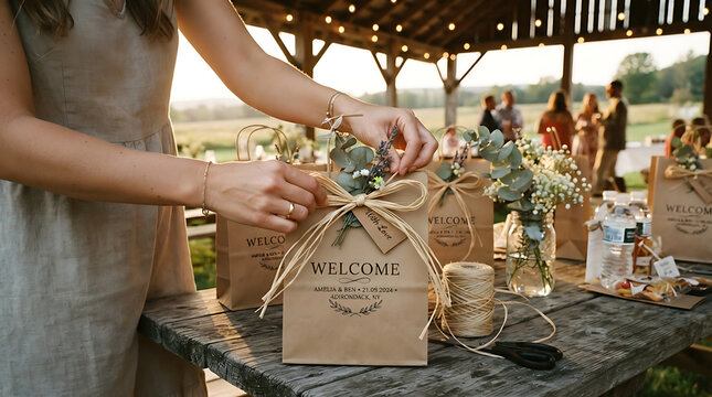 Woman hands tying raffia twine bow with eucalyptus sprig on kraft paper welcome bag for rustic outdoor wedding reception