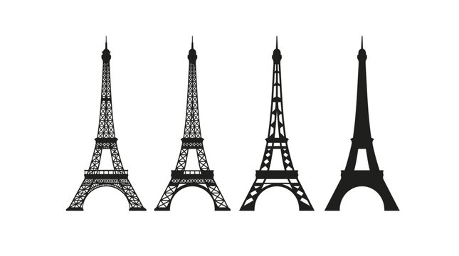 Detailed Eiffel tower vector graphic silhouette illustrations showing various architectural styles for your creative travel projects