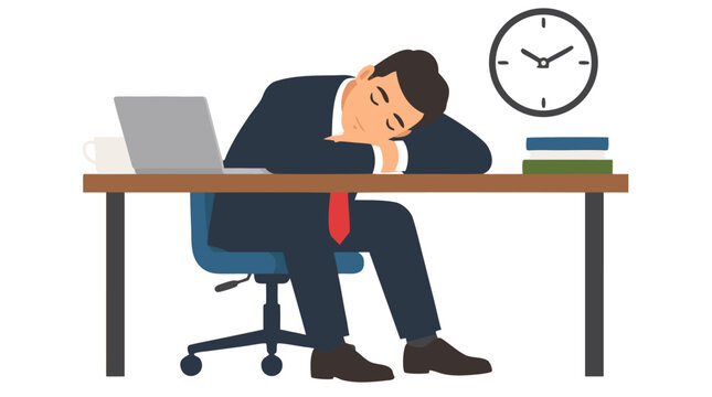 Exhausted businessman in dark suit sleeping with head on office desk beside laptop, coffee cup and clock, illustrating overwork, burnout, fatigue and need for rest break time management