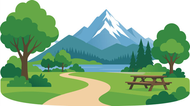 Vibrant stylized vector illustration of city park landscape with lush green trees, winding path, wooden picnic bench, serene scenic lake and tall majestic snow-capped mountain background