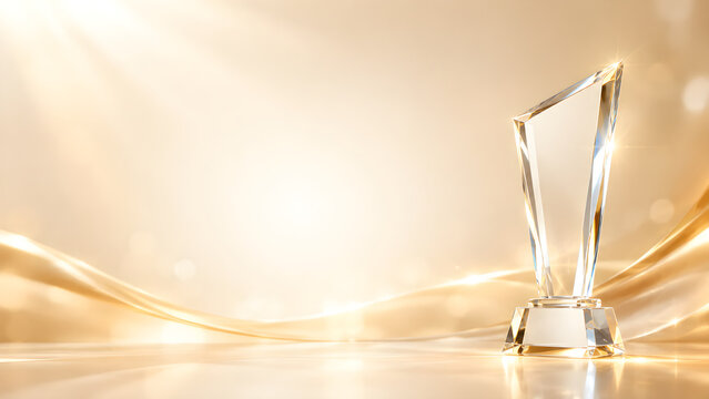 Crystal trophy award on golden background with light rays