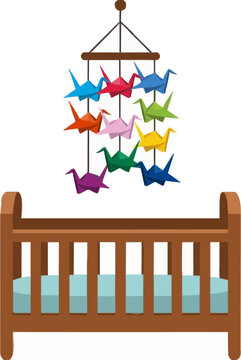 Wooden nursery baby crib cot with turquoise mattress placed beneath hanging mobile carrying colorful origami paper cranes, child bedroom interior vector illustration on white background