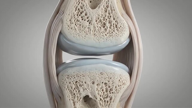 Human knee joint anatomy cross section with detailed bone structure