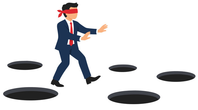 Blindfolded businessman in dark blue suit carefully stepping between dangerous black pitfall holes, risk avoidance business challenge uncertainty concept in bold flat vector illustration