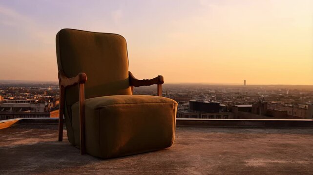 60 FPS Empty vintage armchair on rooftop terrace with city skyline at golden hour sunset