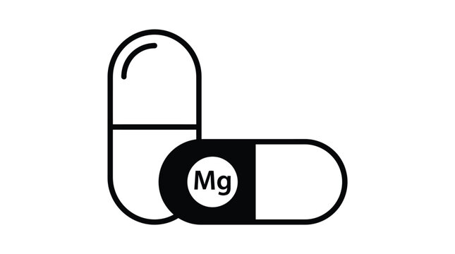Magnesium mineral dietary supplement capsule icon graphic symbol for healthcare wellness medical pharmacy hospital science and nutrition concepts depicted as vector line art