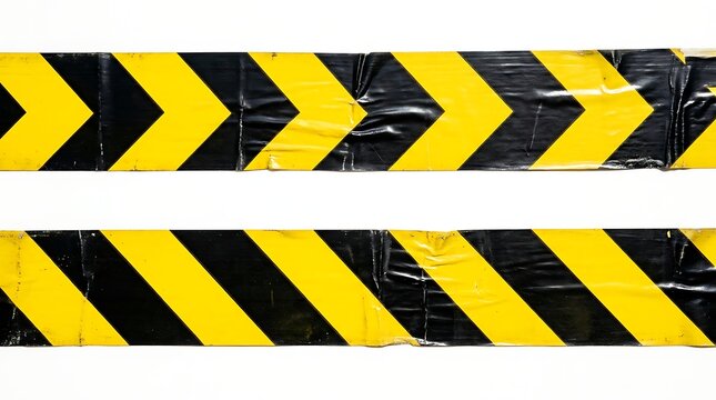 Two horizontal strips of hazard tape with black and yellow diagonal stripes and chevron patterns isolated on white background
