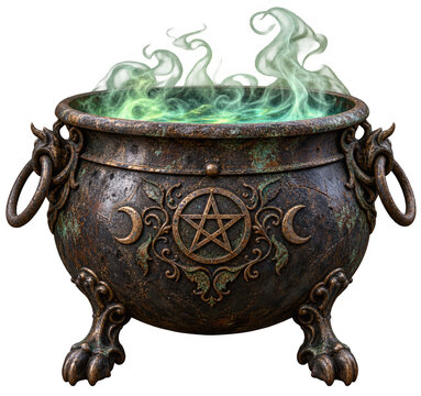 An old, ornate cauldron with a pentacle symbol and crescent moons, emitting green smoke. It sits on clawed feet, suggesting a mystical or magical theme