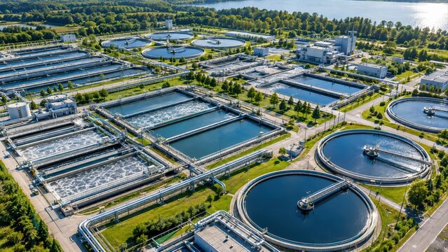 panoramic aerial view of municipal wastewater treatment plant with circular clarifiers, aeration basins, pipelines and nearby lake