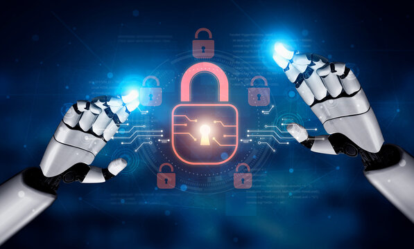Futuristic robot hands reaching towards a digital lock illustration, symbolizing advanced cyber security and innovative technology in a connected world. Nascent