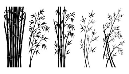 Fototapeta premium Set of black bamboo stalks and leaves silhouettes