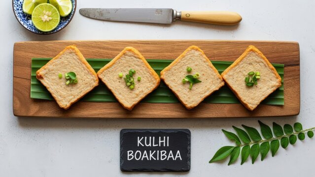 Minimalist Overhead View of Maldivian Kulhi Boakibaa Fish Cake with Chalkboard Sign on Light Stone
