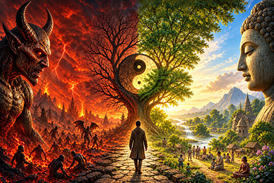 Symbolic journey between darkness and enlightenment