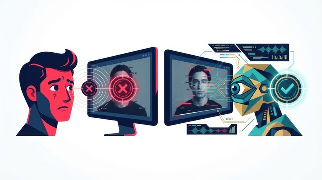 A person appears concerned while looking at two computer screens displaying different facial recognition outcomes.