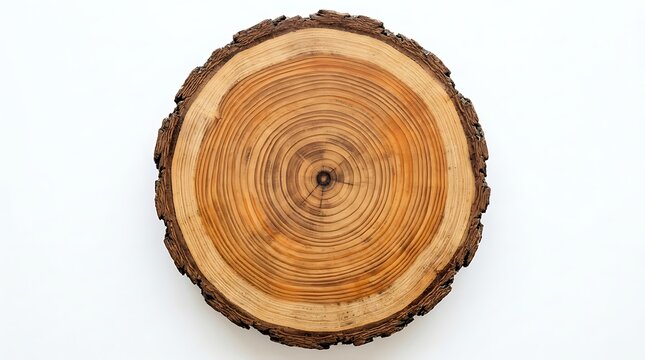 A circular slice of a tree trunk, showing growth rings, isolated on white background