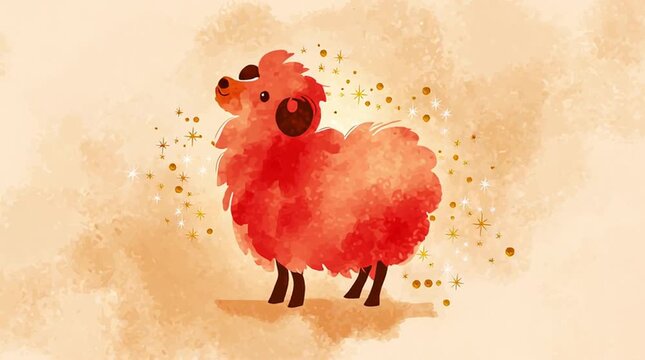 Red watercolor sheep with curly horns and gold sparkles on a beige textured background, symbol of the new year 2027, chinese zodiac animal