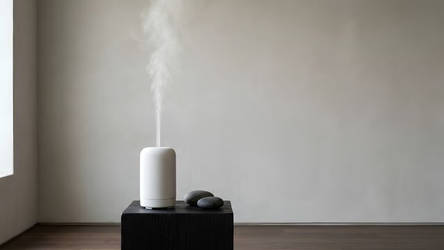 Eye level view of blank white cylindrical aroma diffuser mockup emitting vapor mist beside smooth zen stones on black wooden pedestal 