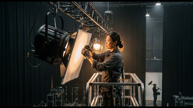 Lighting technician adjusts an overhead diffuser