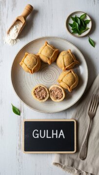 Airy Minimalist Flat Lay of Maldivian Gulha Tuna Dumplings with Chalkboard Sign on Whitewashed Wood