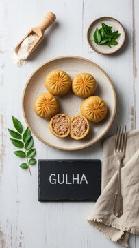 Airy Minimalist Flat Lay of Maldivian Gulha Tuna Dumplings with Chalkboard Sign on Whitewashed Wood