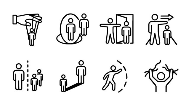 Human influence and personal development line icons collection with manipulation, guidance, social separation, growth, boundaries and emotional support