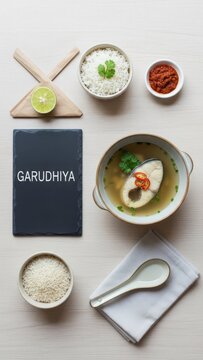 Minimalist Overhead View of Maldivian Garudhiya Fish Broth with Chalkboard Sign and Rice on Light Wood