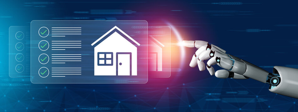 A robotic hand interacts with a digital interface featuring checklists and a house icon, representing innovative smart home technology and automation advancements. Gantry