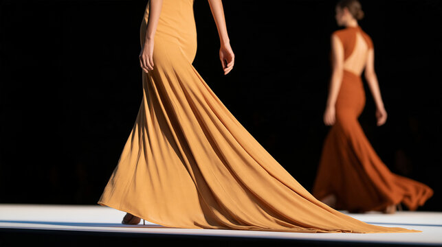 Runway show featuring models in flowing fabrics captured mid-stride under dramatic lighting, with copy space