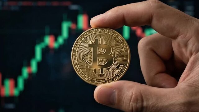 Bitcoin Cryptocurrency Coin Held in Hand With Digital Market Charts 4k