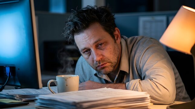Exhausted businessman working late at night in a dimly lit office with a cup of coffee.