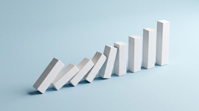 A row of white rectangular dominoes standing in a line as a symbol of cause and effect chain reaction with domino effect strategic planning risk management falling dominoes white blocks dominoes
