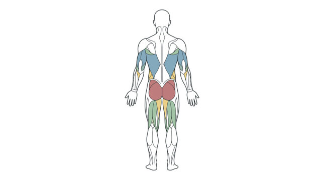 Minimalist vector illustration of the human posterior muscular system with color-coded muscle groups including glutes, latissimus dorsi, and hamstrings on a clean white background.