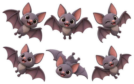 Set of six cute 3D bats with friendly faces in different flying poses, isolated on a transparent background, Halloween design elements
