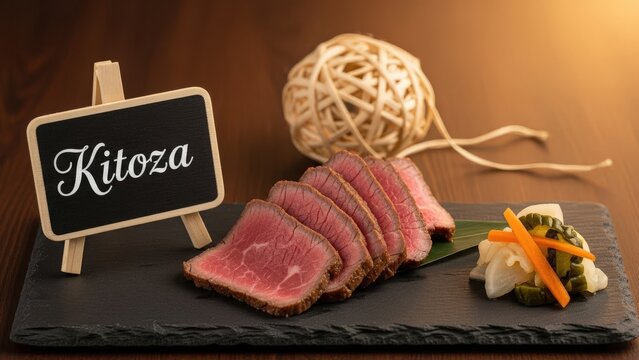 Traditional Malagasy Kitoza Smoked Beef on Dark Slate with Pickles and Chalkboard Sign