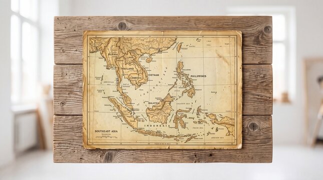 Vintage Southeast Asia Map on Reclaimed Pine Wood Surface