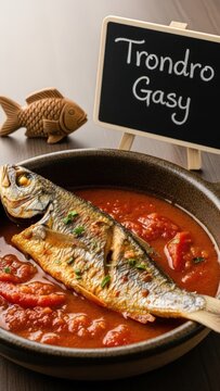 Fine Dining Malagasy Trondro Gasy Whole Fish Stew with Chalkboard Sign in Rustic Bowl