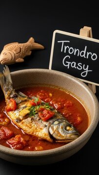 Fine Dining Malagasy Trondro Gasy Whole Fish Stew with Chalkboard Sign in Rustic Bowl