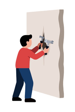 Male construction worker wearing bright red sweatshirt and navy blue trousers using two metal claw hammers to break damaged cracked plaster on drywall partition in flat vector illustration