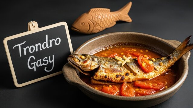Fine Dining Malagasy Trondro Gasy Whole Fish Stew with Chalkboard Sign in Rustic Bowl