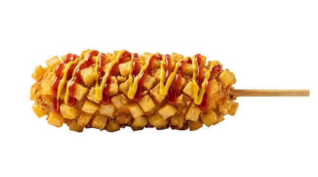 Korean gamja hot dog with potato cubes, ketchup and mustard isolated on transparent background