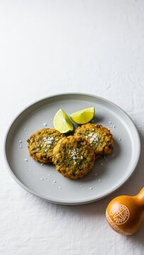 Minimalist Malagasy Mofo Anana Leafy Green Fritters on Grey Plate with Calabash and Copy Space