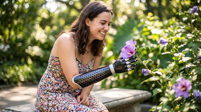 Smiling disabled woman with a high-tech bionic prosthetic arm admiring a purple flower in a beautiful sunny garden