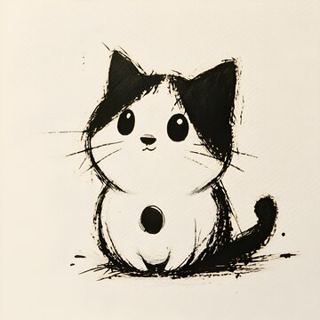 Cute black and white cartoon cat illustration in sumi e ink style