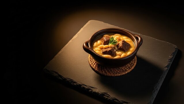 Gourmet Malagasy Tsaramaso sy Hen'omby Beef and Bean Stew on Dark Stone with Copy Space