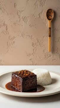 Minimalist Malagasy Hen'omby Ritra Simmered Beef on Cream Plate with Copy Space