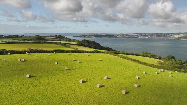 Farms and Fields over St Mawes from drone, Carrick Roads, River Fal, Falmouth, Cornwall, UK