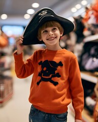 Fototapeta premium Young boy wearing a pirate hat and skull sweater looking up with a smile
