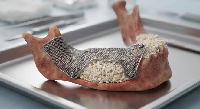 Surgical mandible bone model with titanium mesh and bone graft material for Guided Bone Regeneration GBR